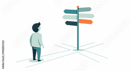 Man standing at crossroads with signs.