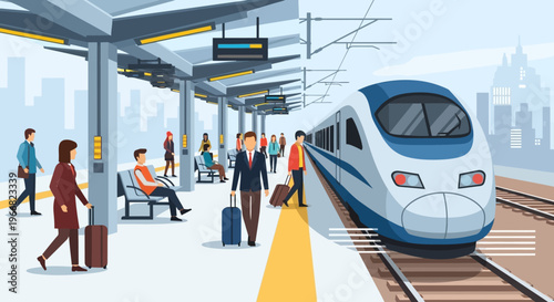 Modern High Speed Train Arriving at Busy City Railway Station Platform