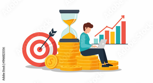 Businessman Sitting on Stack Gold Coins.