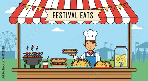 Cartoon Food Stall at Summer Festival with Chef Serving Hot Dogs and Tacos