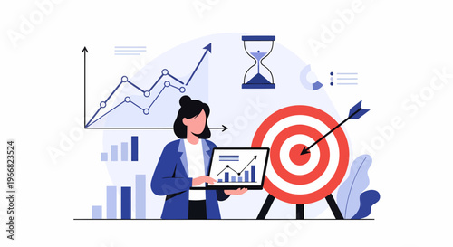 Businesswoman holding target board with arrow.