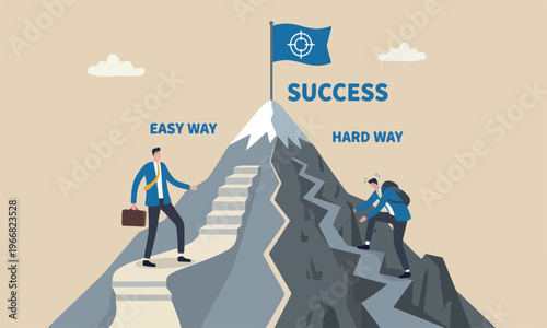 Easy success or mission accomplish, choosing path to succeed, way to reach business goal concept, businessmen compete easy and hard way to climb mountain