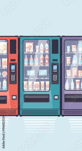 Colorful Vending Machines with Snacks and Drinks