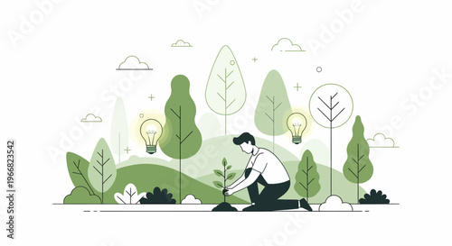 Man Planting Small Green Tree Sapling.
