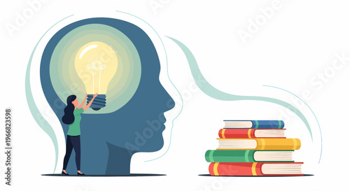 Person with lightbulb head reading books.