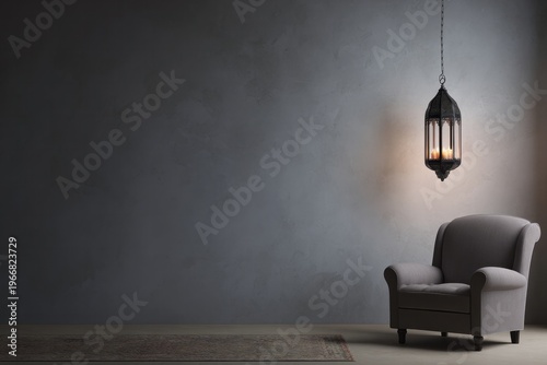 A plush armchair sits beside a textured wall with a hanging lantern.