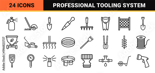 Professional Gardening and Agricultural Tool Line Art Set Featuring Minimalist Monoline Geometric Outline Style for Landscaping Utility
