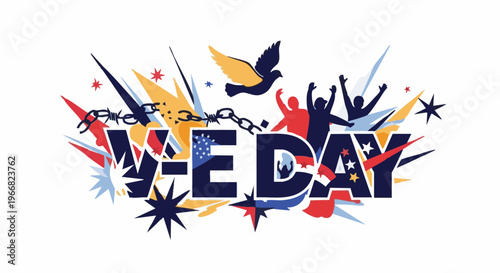 VE Day Celebration Graphic in Patriotic Colors with Silhouettes for Social Media
