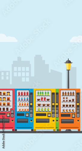 Colorful Vending Machines Row in City Street Flat Design