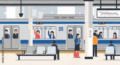Commuters Waiting at a Subway Station Platform with Train Vector Illustration