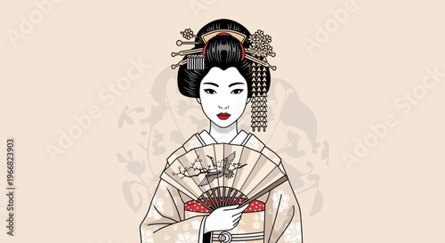 Elegant Japanese Geisha Illustration with Traditional Fan and Ornate Hairstyle