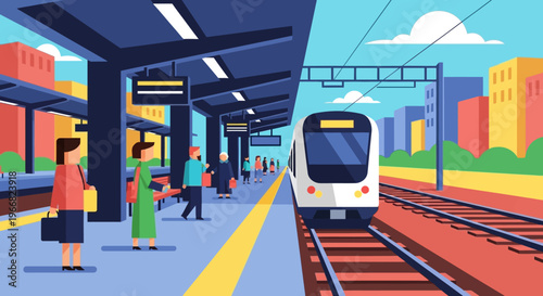 Commuter Train Arriving at Modern Urban Railway Station Platform