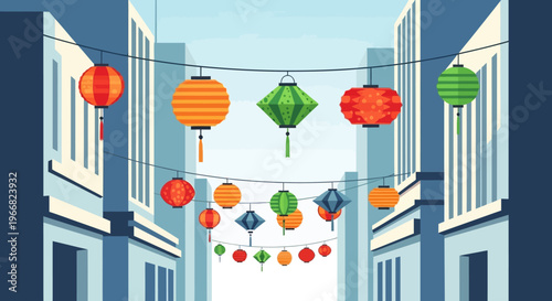Colorful Chinese Lanterns Hanging Between City Buildings