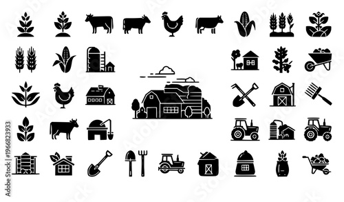 Minimal farm agriculture icon set crops livestock tools barn tractor simple vector isolated on white background