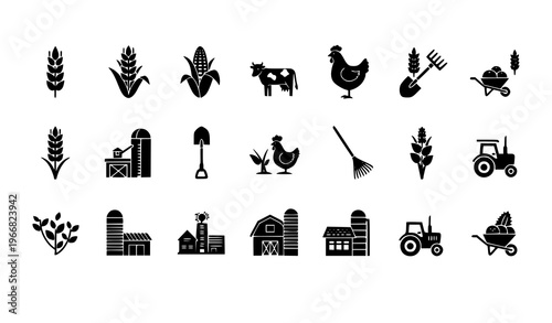Farm and agriculture icon set crops livestock tools tractor barn rural vector illustration isolated on white background