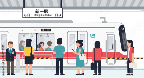 Commuters Waiting for Train at Shinjuku Station Platform