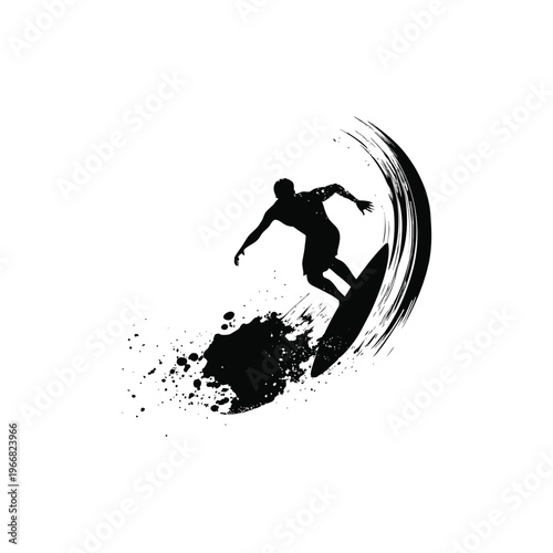 Black and white retro vintage silhouette illustration of a surfer with big waves vector art