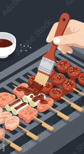 Hand Brushing Sauce on Yakitori Skewers on Grill