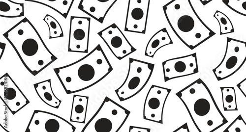 Paper money bills black and white repeating pattern. Payday banknotes. Endless tileable background. Line art illustration. Outline icon motif. Decorative repetition. All over print composition