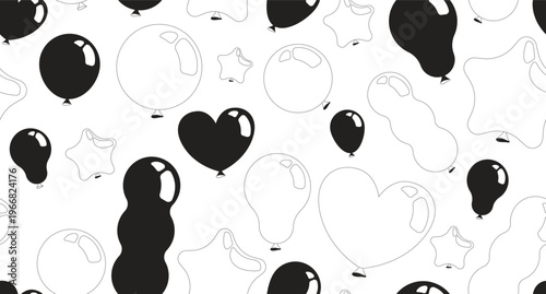 Balloons party black and white repeating pattern. Heart star baloons. Endless tileable background. Line art illustration. Outline icon motif. Decorative repetition. All over print composition