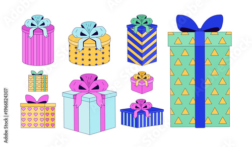 Gift boxes 2D cartoon objects set. Wrapped presents in various shapes. Birthday holiday. Giftboxes with ribbon bows isolated elements flat vector clip arts on white. Spot illustrations collection