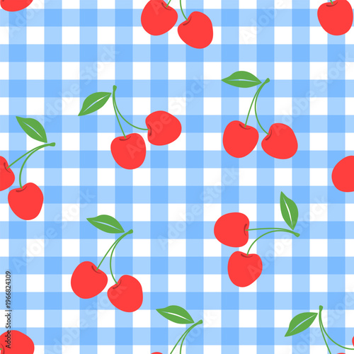 A seamless pattern with hand-drawn cherries on a checkered background. Suitable for fabric, gift wrapping, apparel, textiles, surface textures, and scrapbooking. Vector illustration.