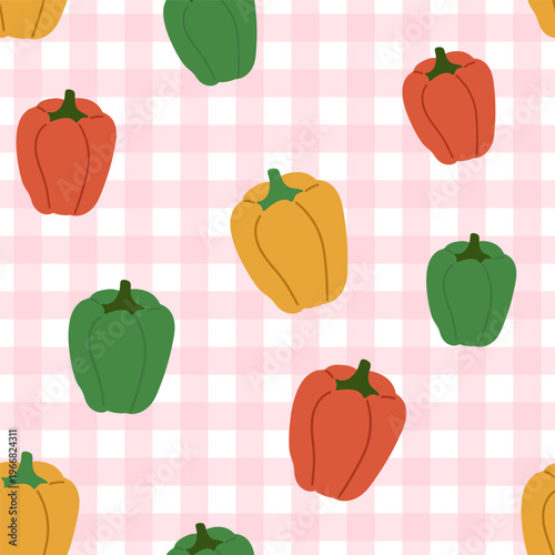 A seamless pattern with hand-drawn bell peppers. Suitable for fabric, gift wrapping, apparel, textiles, surface textures, and scrapbooking. Vector illustration.