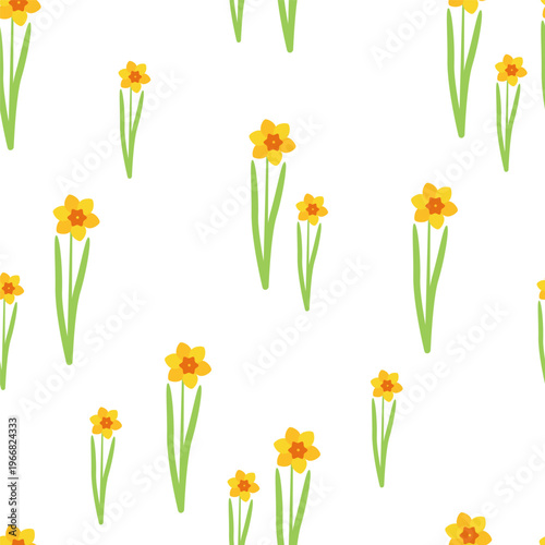 A spring seamless pattern with hand-drawn daffodils. Suitable for fabric, gift wrapping, apparel, textiles, surface textures, and scrapbooking. Vector illustration.