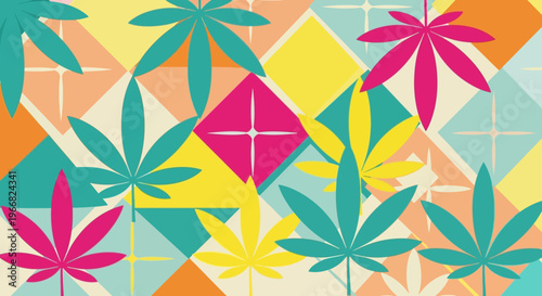 Colorful Cannabis Leaf Pattern Retro Geometric Background