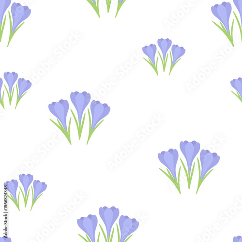 A spring seamless pattern with hand-drawn crocus flowers. Suitable for fabric, gift wrapping, apparel, textiles, surface textures, and scrapbooking. Vector illustration.