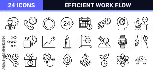 Time Management and Productivity Schedule Line Icons featuring Minimalist Geometric Monoline Aesthetic for Professional Business Planning