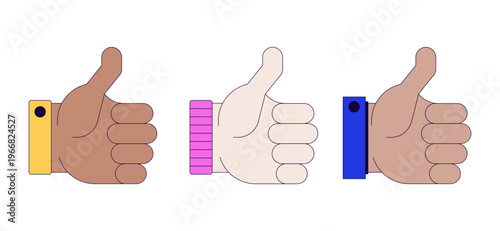 Diverse thumbs up hand gestures 2D cartoon objects set. Social likes. Approval feedback. Multicultural fingers up isolated elements flat vector clip arts on white. Spot illustrations collection