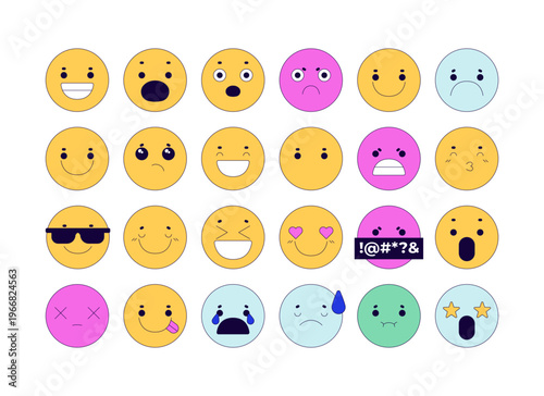 Y2k cute emoji faces 2D cartoon objects set. Various emotions. Social media mood. Funky emoticons reactions isolated elements flat vector clip arts on white. Spot illustrations collection