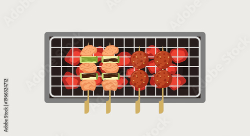 Grilled Yakitori Skewers on Charcoal Grill Illustration