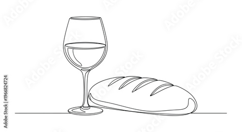Glass of white wine and baguette bread, one line drawing