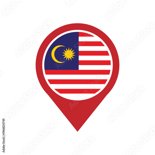 Malaysia flag location pin icon vector illustration, flag application, Flag on Location Pin, Malaysia map pointer. Ideal for travel, navigation, and Malaysian identity-themed designs.