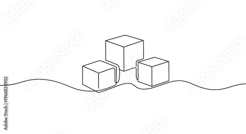 Three cubes arranged on wavy surface, one line drawing