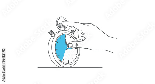 Hand adjusting stopwatch, blue segment on dial, one line drawing