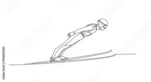 Ski jumper in mid-air, minimalist continuous line illustration