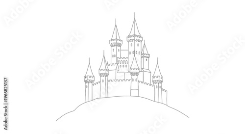 Fantasy castle on a hill, minimalist line art illustration