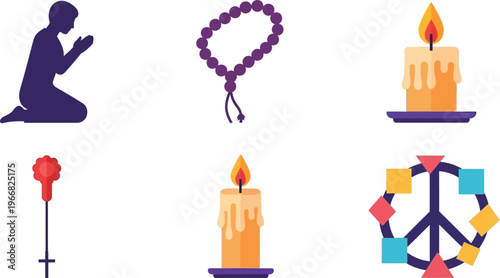 Silhouette of a person kneeling in prayer position is shown next to prayer beads, burning candles, and symbolic representations of peace and faith.
