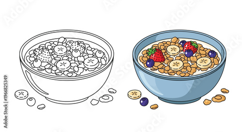 Vector illustration showing two bowls of healthy breakfast cereal with fresh fruit, one colored and one outline.