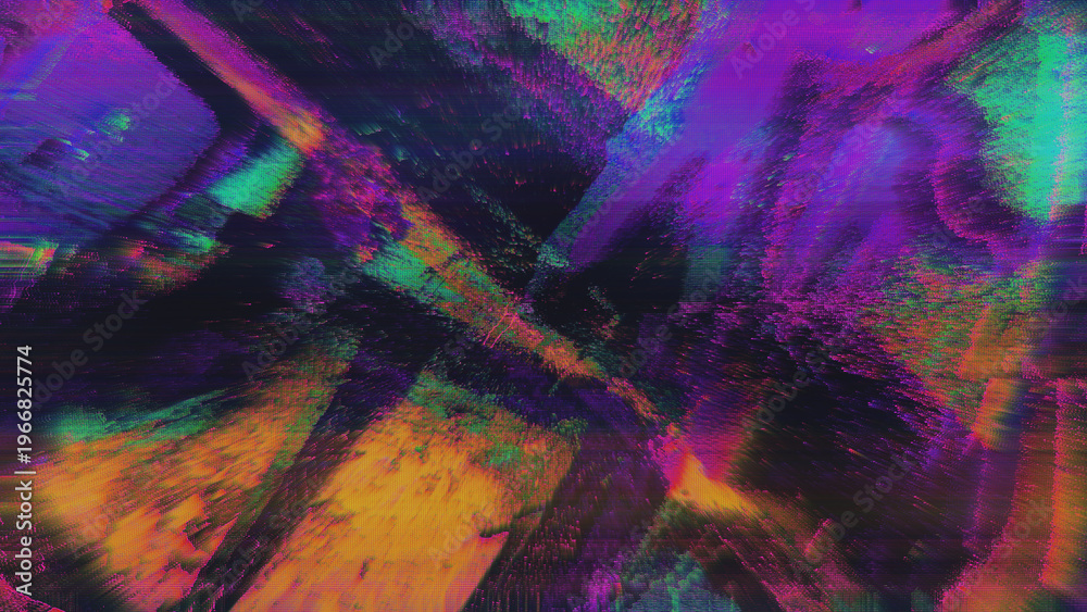 Fototapeta premium Digital neon purple, orange, cyan glitch art. Retro 80s, cyberpunk style, pixel noise, distortion effect. Background texture, web site visuals, modern 90s, 2000s, Y2K creative banner