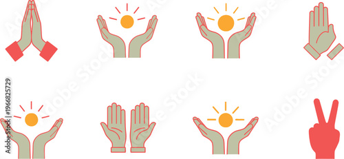 A collection of illustrated hand gestures featuring prayer, sun holding, and peace signs on a white background.