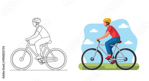 Cyclist wearing a bright helmet riding a bicycle outdoors showing outline and color versions