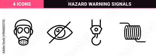Hazard Warning and Industrial Safety Monoline Icon Set featuring Minimalist Geometric Line Art Symbols for Commercial Precautionary Signage.