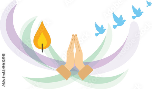 A stylized illustration depicting praying hands centered beneath a bright flame, surrounded by flowing abstract arcs and several small blue doves ascending towards the upper right corner.