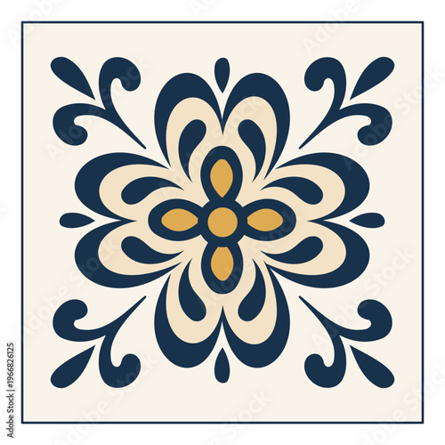 Ceramic tile pattern with Spanish floral motifs and Italian azulejo design elements in traditional Mediterranean blue and yellow colors