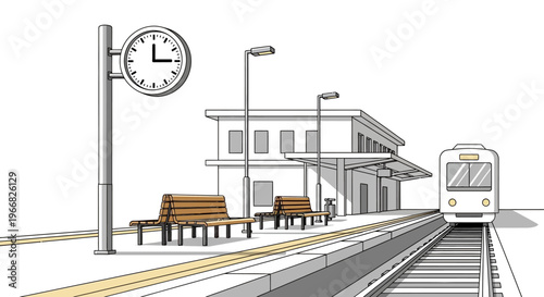 Illustration of a quiet railway station with a train approaching the platform