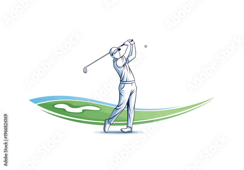 Golfer swings club on green course with blue wave illustration
